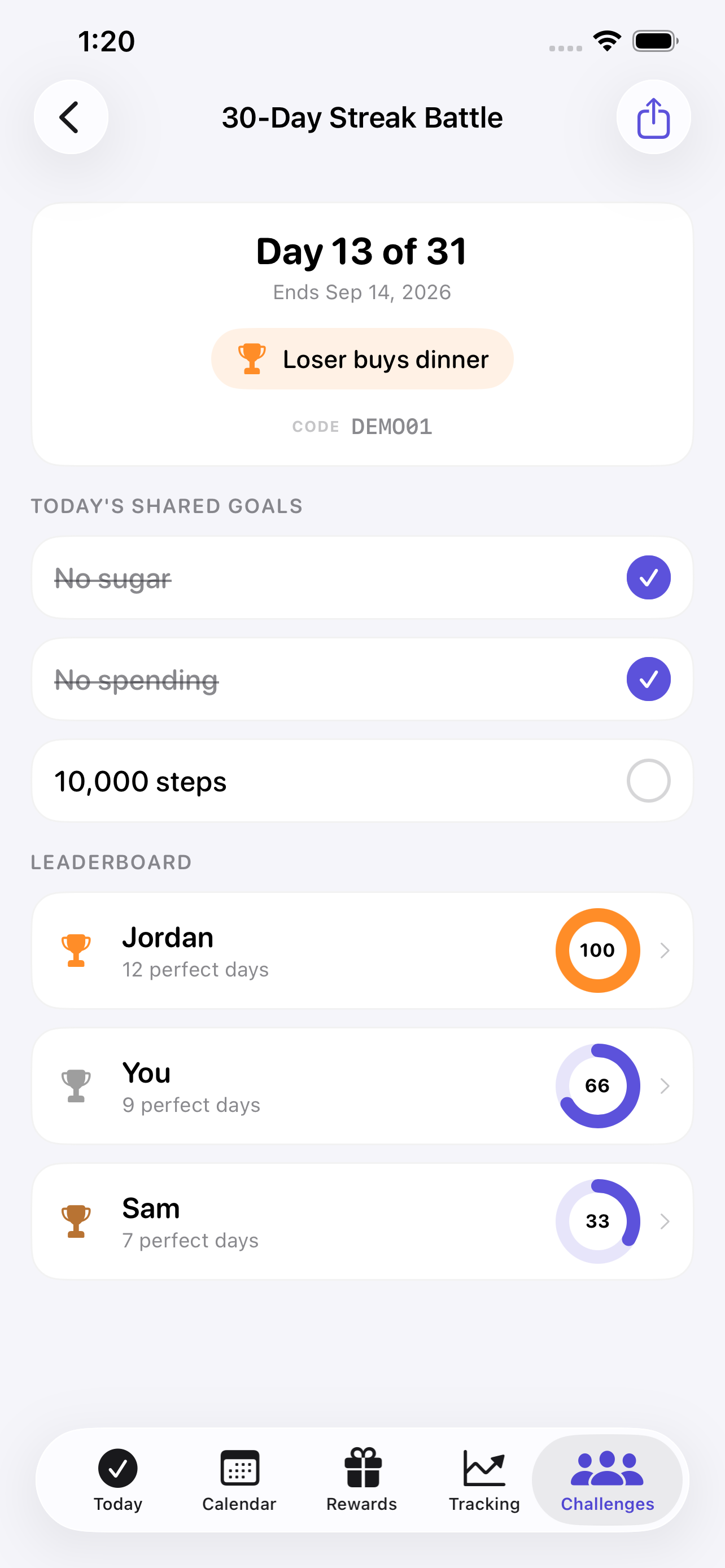 Challenges leaderboard screen